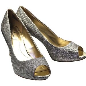 Bandolino Peep Toe Pumps Womens 8W Silver Metallic Shimmer Formal Heels Party